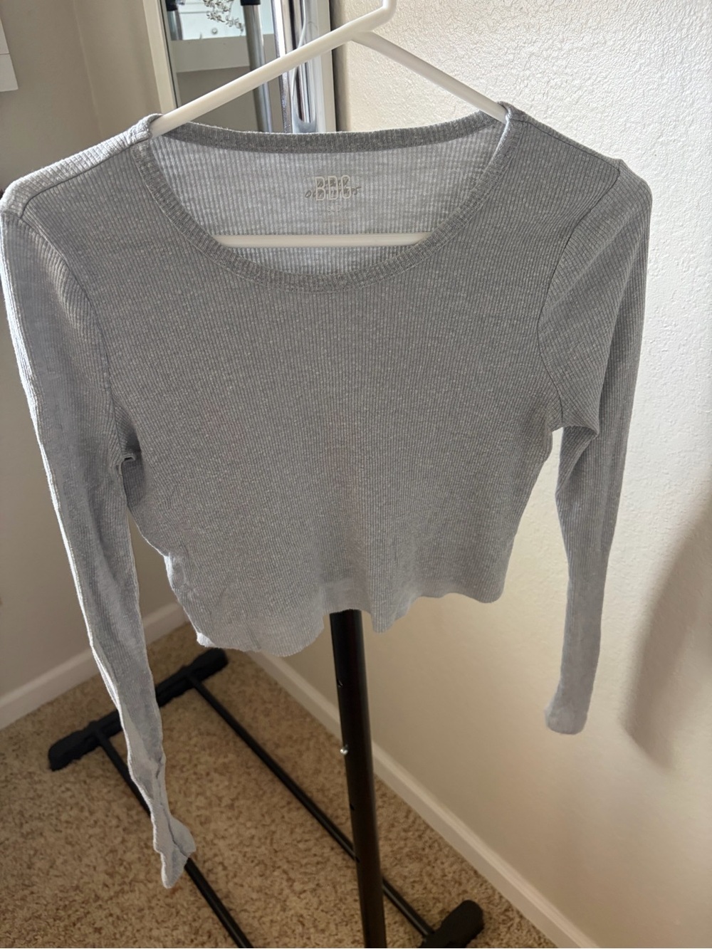 BDG Dakota Ribbed Long-Sleeve Crop Top - Light Gray
